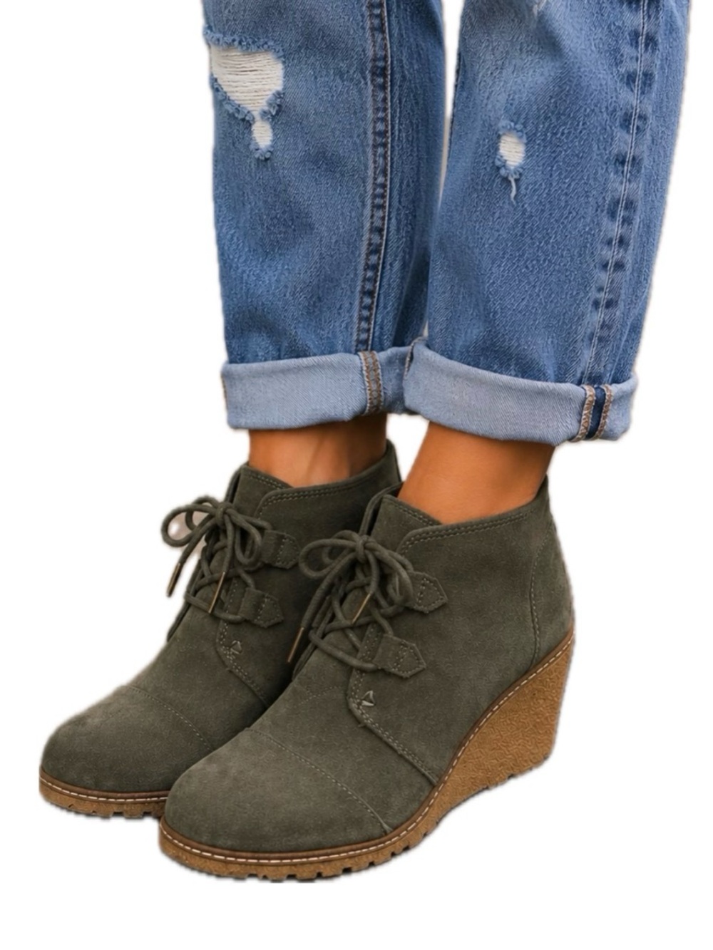 TOMS Women's Gray Suede Ankle Bootie Round Toe Lace Up Wedge Heel US 7.5